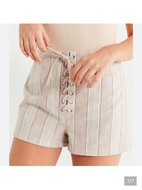 Urban Outfitters Beige Striped Lace-Up Linen Shorts